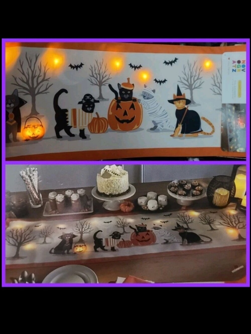 Lighted Cat Costume Pumpkin Table Runner Halloween Autumn Tree Cats Scene Decor